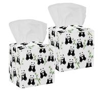 2PCS Square Tissue Box Cover, Cute Panda Bamboo Pattern Leather Tissue Case Facial Paper Organizer Dispenser for Vanity Toilet Tank Dresser Night Stand Table Countertop Office Car