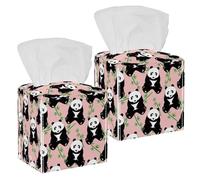 2PCS Square Tissue Box Cover, Cute Panda Bamboo Pink Pattern Leather Tissue Case Facial Paper Organizer Dispenser for Vanity Toilet Tank Dresser Night Stand Table Countertop Office Car