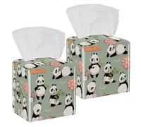 2PCS Square Tissue Box Cover, Cute Panda Draw Tea Hold The Umbrella Eat Bamboo Leather Tissue Case Facial Paper Organizer Dispenser for Vanity Toilet Tank Dresser Night Stand Table Countertop Office