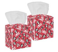 2PCS Square Tissue Box Cover, Cute Panda with Love Hearts Pattern Leather Tissue Case Facial Paper Organizer Dispenser for Vanity Toilet Tank Dresser Night Stand Table Countertop Office Car