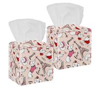 2PCS Square Tissue Box Cover, Cute Parisian Dachshund Dog Eiffel Tower Pattern Leather Tissue Case Facial Paper Organizer Dispenser for Vanity Toilet Tank Dresser Night Stand Table Countertop Office