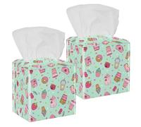 2PCS Square Tissue Box Cover, Cute Pastel Foods Cupcake Patches Heart Pattern Leather Tissue Case Facial Paper Organizer Dispenser for Vanity Toilet Tank Dresser Night Stand Table Countertop Office