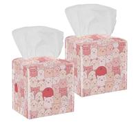 2PCS Square Tissue Box Cover, Cute Pink Pigs Cartoon Animals Pattern Leather Tissue Case Facial Paper Organizer Dispenser for Vanity Toilet Tank Dresser Night Stand Table Countertop Office Car