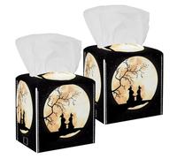 2PCS Square Tissue Box Cover, Cute Rabbits Moonlight Landscape Leather Tissue Case Facial Paper Organizer Dispenser for Vanity Toilet Tank Dresser Night Stand Table Countertop Office Car