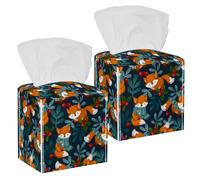 2PCS Square Tissue Box Cover, Cute Winter Forest and Animal Fox Christmas Pattern Leather Tissue Case Facial Paper Organizer Dispenser for Vanity Toilet Tank Dresser Night Stand Table Countertop