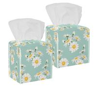 2PCS Square Tissue Box Cover, Daisy Chamomile Flowers Leather Tissue Case Facial Paper Organizer Dispenser for Vanity Toilet Tank Dresser Night Stand Table Countertop Office Car