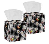 2PCS Square Tissue Box Cover, Daisy Floral Flowers Pattern Leather Tissue Case Facial Paper Organizer Dispenser for Vanity Toilet Tank Dresser Night Stand Table Countertop Office Car
