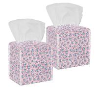 2PCS Square Tissue Box Cover, Daisy Pink Blue Flower Leather Tissue Case Facial Paper Organizer Dispenser for Vanity Toilet Tank Dresser Night Stand Table Countertop Office Car