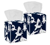 2PCS Square Tissue Box Cover, Danger Shark Leather Tissue Case Facial Paper Organizer Dispenser for Vanity Toilet Tank Dresser Night Stand Table Countertop Office Car