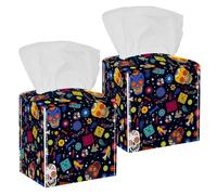 2PCS Square Tissue Box Cover, Day-of-The Dead Background Leather Tissue Case Facial Paper Organizer Dispenser for Vanity Toilet Tank Dresser Night Stand Table Countertop Office Car