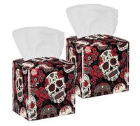 2PCS Square Tissue Box Cover, Day of The Dead Colorful Sugar Skull Floral Flower Pattern Leather Tissue Case Facial Paper Organizer Dispenser for Vanity Dresser Night Stand Table Countertop