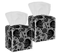 2PCS Square Tissue Box Cover, Day of The Dead Skulls Bird Rose Diamond Pattern Leather Tissue Case Facial Paper Organizer Dispenser for Vanity Dresser Night Stand Table Office