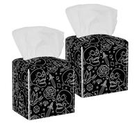 2PCS Square Tissue Box Cover, Day of The Dead Skulls Bird Rose Pattern Leather Tissue Case Facial Paper Organizer Dispenser for Vanity Toilet Tank Dresser Night Stand Table Countertop Office Car