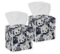 2PCS Square Tissue Box Cover, Day of The Dead Sugar Fox Skull with Floral Pattern Leather Tissue Case Facial Paper Organizer Dispenser for Vanity Toilet Tank Dresser Night Stand Table Countertop