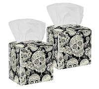 2PCS Square Tissue Box Cover, Day of The Dead Sugar Skull Floral Flower Pattern Leather Tissue Case Facial Paper Organizer Dispenser for Vanity Toilet Tank Dresser Night Stand Table Countertop Office