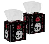 2PCS Square Tissue Box Cover, Death of Roses Skull Leather Tissue Case Facial Paper Organizer Dispenser for Vanity Toilet Tank Dresser Night Stand Table Countertop Office Car