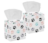 2PCS Square Tissue Box Cover, Dog Paw Cat Footprints Animals Colorful Pattern Leather Tissue Case Facial Paper Organizer Dispenser for Vanity Toilet Tank Dresser Night Stand Table Countertop Office