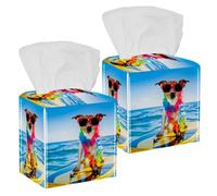 2PCS Square Tissue Box Cover, Dog Surfing on a Surfboad Leather Tissue Case Facial Paper Organizer Dispenser for Vanity Toilet Tank Dresser Night Stand Table Countertop Office Car