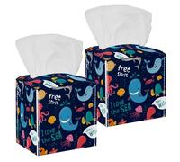 2PCS Square Tissue Box Cover, Dolphin Narwhal Octopus Cute Monsters of The Deep Leather Tissue Case Facial Paper Organizer Dispenser for Vanity Toilet Tank Dresser Night Stand Table Countertop Office