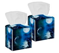 2PCS Square Tissue Box Cover, Dolphin Under Moonlight Leather Tissue Case Facial Paper Organizer Dispenser for Vanity Toilet Tank Dresser Night Stand Table Countertop Office Car
