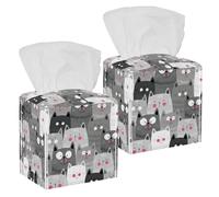 2PCS Square Tissue Box Cover, Doodle Happy Cats Gray Leather Tissue Case Facial Paper Organizer Dispenser for Vanity Toilet Tank Dresser Night Stand Table Countertop Office Car
