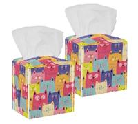 2PCS Square Tissue Box Cover, Doodle Happy Cats Leather Tissue Case Facial Paper Organizer Dispenser for Vanity Toilet Tank Dresser Night Stand Table Countertop Office Car