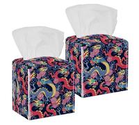 2PCS Square Tissue Box Cover, Dragons Fighting in Flowers Leather Tissue Case Facial Paper Organizer Dispenser for Vanity Toilet Tank Dresser Night Stand Table Countertop Office Car
