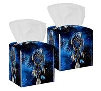 2PCS Square Tissue Box Cover, Dream Catcher with Birds Universe Leather Tissue Case Facial Paper Organizer Dispenser for Vanity Toilet Tank Dresser Night Stand Table Countertop Office Car
