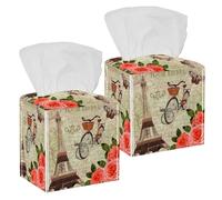 2PCS Square Tissue Box Cover, Eiffel Tower Butterfly Rose Pink Leather Tissue Case Facial Paper Organizer Dispenser for Vanity Toilet Tank Dresser Night Stand Table Countertop Office Car