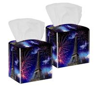 2PCS Square Tissue Box Cover, Eiffel Tower Paris France with Fireworks Leather Tissue Case Facial Paper Organizer Dispenser for Vanity Toilet Tank Dresser Night Stand Table Countertop Office Car