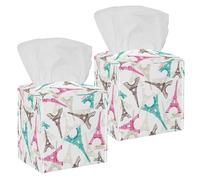 2PCS Square Tissue Box Cover, Eiffel Tower Paris Leather Tissue Case Facial Paper Organizer Dispenser for Vanity Toilet Tank Dresser Night Stand Table Countertop Office Car