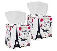 2PCS Square Tissue Box Cover, Eiffel Tower Paris Love Bicycle Dragonflies Leather Tissue Case Facial Paper Organizer Dispenser for Vanity Toilet Tank Dresser Night Stand Table Countertop Office Car