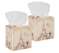 2PCS Square Tissue Box Cover, Eiffel Tower Retro Leather Tissue Case Facial Paper Organizer Dispenser for Vanity Toilet Tank Dresser Night Stand Table Countertop Office Car