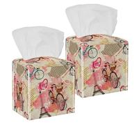 2PCS Square Tissue Box Cover, Eiffel Tower Romantic Leather Tissue Case Facial Paper Organizer Dispenser for Vanity Toilet Tank Dresser Night Stand Table Countertop Office Car