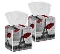 2PCS Square Tissue Box Cover, Eiffel Tower-with Flying Umbrellas Pattern Leather Tissue Case Facial Paper Organizer Dispenser for Vanity Toilet Tank Dresser Night Stand Table Countertop Office Car