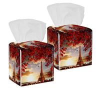 2PCS Square Tissue Box Cover, Eiffel Tower with Leaves Paris France Leather Tissue Case Facial Paper Organizer Dispenser for Vanity Toilet Tank Dresser Night Stand Table Countertop Office Car
