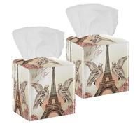 2PCS Square Tissue Box Cover, Eiffel Tower with Pigeons Leather Tissue Case Facial Paper Organizer Dispenser for Vanity Toilet Tank Dresser Night Stand Table Countertop Office Car