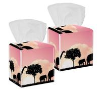 2PCS Square Tissue Box Cover, Elephants Giraffe Nature Leather Tissue Case Facial Paper Organizer Dispenser for Vanity Toilet Tank Dresser Night Stand Table Countertop Office Car