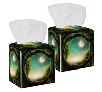 2PCS Square Tissue Box Cover, Enchanted Dark Forest in The Moonlight Leather Tissue Case Facial Paper Organizer Dispenser for Vanity Toilet Tank Dresser Night Stand Table Countertop Office Car