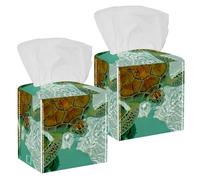 2PCS Square Tissue Box Cover, Endangered Sea Turtle Blowing Bubbles Leather Tissue Case Facial Paper Organizer Dispenser for Vanity Toilet Tank Dresser Night Stand Table Countertop Office Car