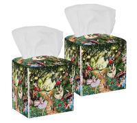 2PCS Square Tissue Box Cover, Fairies and Mushroom Leather Tissue Case Facial Paper Organizer Dispenser for Vanity Toilet Tank Dresser Night Stand Table Countertop Office Car
