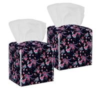 2PCS Square Tissue Box Cover, Fairy Birds Paisley Wings Tail Flowers Polka Dot Pattern Leather Tissue Case Facial Paper Organizer Dispenser for Vanity Toilet Tank Dresser Night Stand Table Countertop