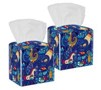 2PCS Square Tissue Box Cover, Fantastic Animals Dragon Unicorn Cat Mermaid UFO Leather Tissue Case Facial Paper Organizer Dispenser for Vanity Toilet Tank Dresser Night Stand Table Countertop Office