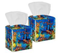 2PCS Square Tissue Box Cover, Fantastic Underwater World Leather Tissue Case Facial Paper Organizer Dispenser for Vanity Toilet Tank Dresser Night Stand Table Countertop Office Car