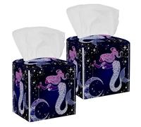 2PCS Square Tissue Box Cover, Fantasy Beautiful Mermaid Moon Coloring Pattern Leather Tissue Case Facial Paper Organizer Dispenser for Vanity Dresser Night Stand Table Countertop Office Car