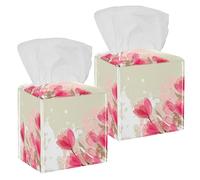 2PCS Square Tissue Box Cover, Fantasy Pink Tulip Leather Tissue Case Facial Paper Organizer Dispenser for Vanity Toilet Tank Dresser Night Stand Table Countertop Office Car