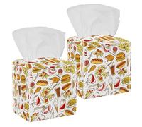 2PCS Square Tissue Box Cover, Fast Food Pizza Hamburg Hot Dog Pattern Leather Tissue Case Facial Paper Organizer Dispenser for Vanity Toilet Tank Dresser Night Stand Table Countertop Office Car
