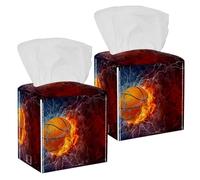 2PCS Square Tissue Box Cover, Fire Ice Sports Basketball Leather Tissue Case Facial Paper Organizer Dispenser for Vanity Toilet Tank Dresser Night Stand Table Countertop Office Car