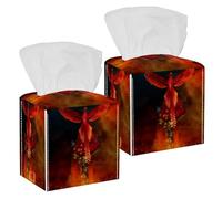 2PCS Square Tissue Box Cover, Flaming Phoenix Bird Leather Tissue Case Facial Paper Organizer Dispenser for Vanity Toilet Tank Dresser Night Stand Table Countertop Office Car