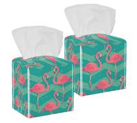 2PCS Square Tissue Box Cover, Flamingo Birds Pattern Leather Tissue Case Facial Paper Organizer Dispenser for Vanity Toilet Tank Dresser Night Stand Table Countertop Office Car